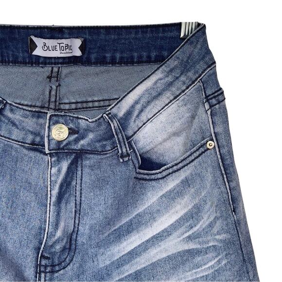 Blue Topic Rhinestone Studded Patch Distressed Denim Jeans Y2K Style - Size 9/10 - Picture 5 of 16